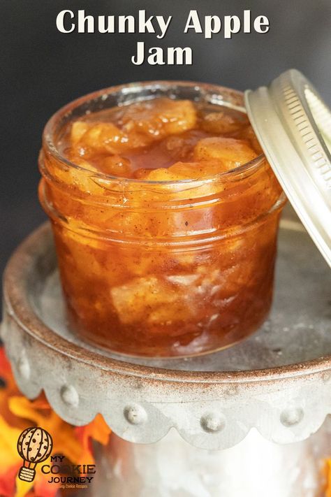 Chunky apple jam in a small glass canning jar with lid to the side. Apple Canning Recipes, Apple Cinnamon Jam, Apple Canning, Infused Fruit, Farm Market Ideas, Jam And Jelly Recipes, Apple Pie Jam, Recipe Inspirations, Jelly Fruit