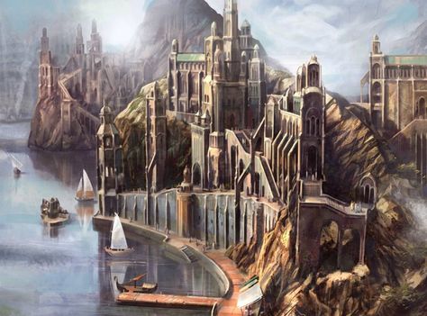 The Grey Havens, also known as Mithlond Grey Havens, Enchanted Castles, Lotr Elves, Tolkien Art, Lotr Art, Location Inspiration, Fantasy City, Fantasy Castle, Fantasy Setting