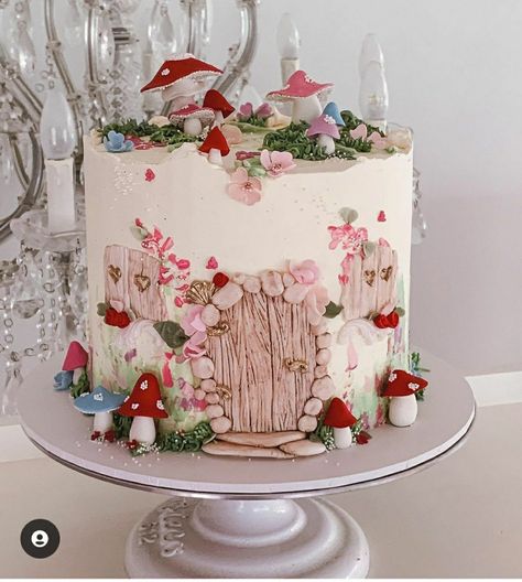 Mushroom Fairy Theme Party, Simple Fairy Cake Ideas, My Fairy First Birthday Cake, Whimsical Garden Cake, Fairy Tale Cake Ideas, 2 Tier Fairy Cake, Garden Fairy Cake, Toadstool Cupcakes Woodland Party, Mushroom Fairy Cake