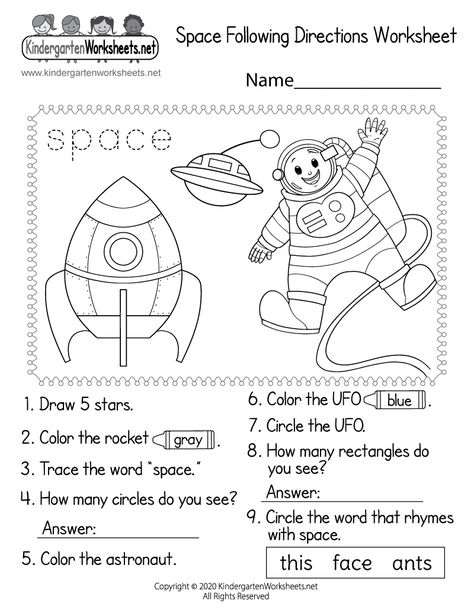 Children can practice following directions by completing several space-themed activities in this free printable worksheet. Kids can draw stars, trace the word space, count shapes, read simple sentences, and find a rhyming word. They can also color a happy astronaut, rocket, and UFO. First Grade Space Activities, Read And Draw Worksheets Free Printable, Space Worksheets Kindergarten, Space Reading Activities, Follow Directions Activity For Kids, Space Math Activities, Astronaut Activities For Kids, Following Directions Activities For Kids, Space Worksheets For Preschool