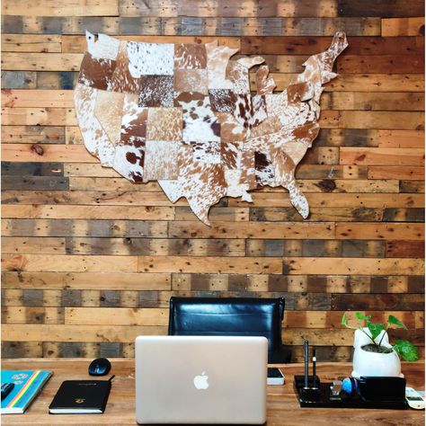 Animal Hide Decor Ideas, Cowhide As Wall Art, Ranch Office Decor, Denim Home Decor, Farm Office Decor, Cowhide Photo Wall, Western Themed Office, Cowhide Hanging On Wall, Cowhide Hung On Wall