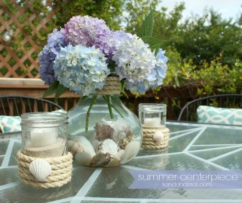 Rope Candle Holder, Prom Committee, Flower Jar, Recycled Jars, Summer Table Settings, Beachy Bedroom, Summer Centerpieces, Sea Baby Shower, Jar Centerpieces