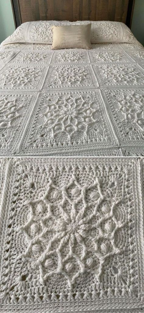 Interesting Crochet Patterns, Crochet Afghan Patterns Free Throw Blankets Granny Squares, Patch Crochet Blanket, White Granny Square Blanket, Crochet Bedsheets, Motifs Afghans, Crochet Square Blanket, Crochet Afghan Patterns Free, Crochet Bedspread Pattern