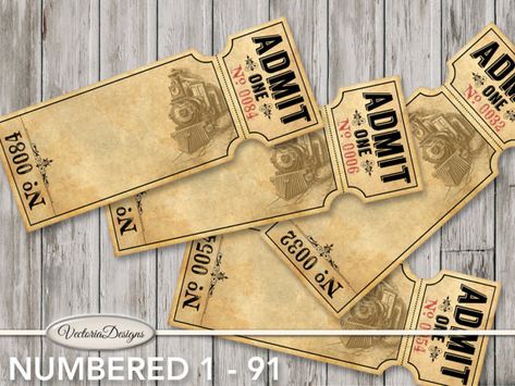 Retro Train Tickets with Numbers, 1-91, by VectoriaDesigns Train Ticket Booth, Train Ticket Design, Train Ticket Printable, Railway Ticket, Vintage Train Ticket Printable, Vintage Train Ticket, Train Theme, Orient Express, Free Text