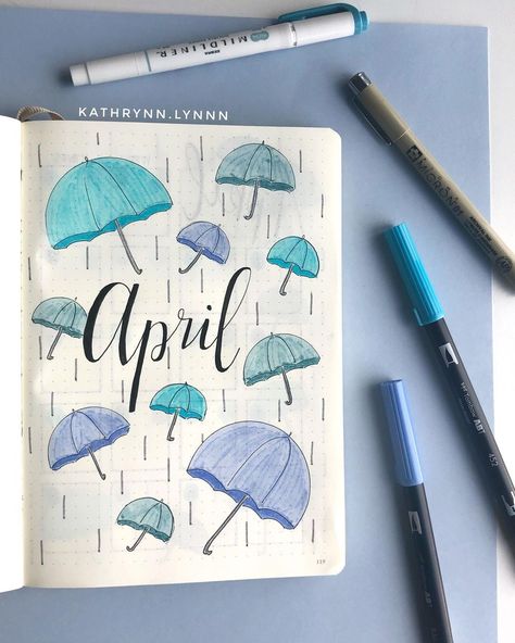 April Showers Art, April Watercolor, Bullet Journal Month Cover, April Design, April Bullet Journal, March Bullet Journal, Happy Doodles, Bullet Journal Month, April Art