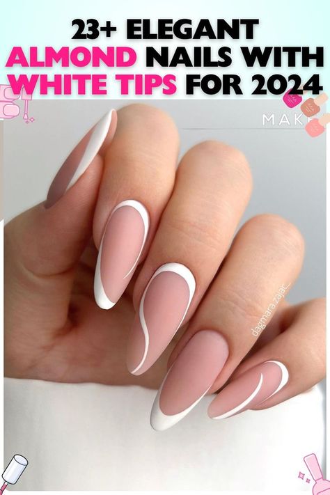 "Creative almond nails with a unique white swirl French tip design in acrylic, ideal for artistic showcases or fashion events. The matte finish on these medium-length nails adds a contemporary touch. Keyword: white French tip almond nails." White French Tip On Almond Nails, Medium Sharp Almond Nails, Almond French Manicure Designs, Diagonal French Tip Nails Almond, Creative Almond Nails, White French Nails With Designs, Almond Shape French Tip Nails, White French Tip Almond Nails, White French Tips With Design