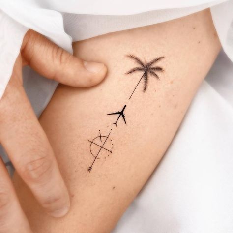 Fine Line Travel Tattoo, Fine Line Palm Tree Tattoo, Evergreen Tattoo, Plane Tattoo, Minimalistic Tattoo, Airplane Tattoos, Bush Plane, Tropical Palm Trees, Travel Tree