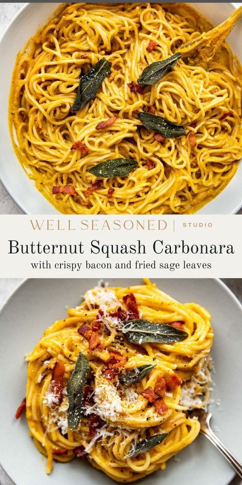 My Creamy Butternut Squash Carbonara is a go-to recipe for fall! We're elevating a traditional Italian carbonara recipe with a creamy, rich butternut squash sauce flavored with onion, garlic, and fresh sage. The sauce is thickened with grated Parmigiano Reggiano, lots of black pepper, and fresh egg yolks, then tossed with crispy bacon or pancetta. Fall comfort food and perfect for a family pasta dinner at home! #wellseasonedstudio #carbonara #butternutsquash #pasta #carbonararecipe Butternut Squash Brown Butter Sage Pasta, Butternut Squash Prosciutto Pasta, Pumpkin Carbonara, Butternut Squash Carbonara, Italian Carbonara Recipe, Butternut Pasta, Cheesy Butternut Squash, Italian Carbonara, Spaghetti Squash Carbonara