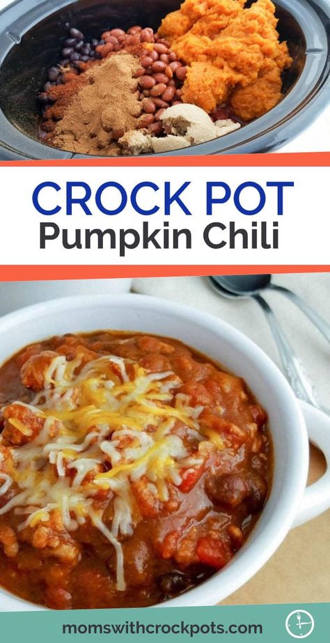 The perfect fall crockpot recipe! Check out this simple and flavorful Crockpot Pumpkin Chili Recipe. | @MomsWithCrockpots #crockpot #slowcooker #chili #pumpkin #soup #dinner Healthy Fall Crockpot Soups, Crockpot Carry In Ideas, Crockpot Recipes Spaghetti, Crockpot Recipes Christmas, Crockpot Pumpkin Chili, Fall Soups Crockpot, Spaghetti Ideas, Chili Pumpkin, Crock Pot Pumpkin