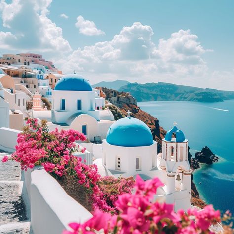 "Santorini Coastal Charm: Stunning view of blue domed churches overlooking the calm sea surrounded by vibrant pink flowers. #santorini #greece #travel #tourism #blue #aiart #aiphoto #stockcake ⬇️ #Download and 📝 #Prompt 👉 https://stockcake.com/i/santorini-coastal-charm_238077_45625". Blue Domes Santorini, Calm Sea, Black And White Dog, Blue Anime, Coastal Charm, Halloween Lights, Travel Tourism, The Calm, Santorini Greece