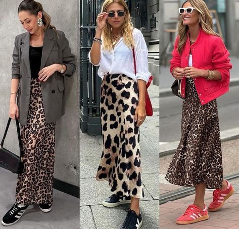 Animal Print Skirts Street Style, Leopard Print Skirt Street Style, Casual Flowy Leopard Print Skirt, Chic Leopard Print Midi Skirt, Long Flowy Leopard Print Skirt, Satin Skirt Outfit, Lagenlook Style, Ideas Outfit, Smart Casual Outfit