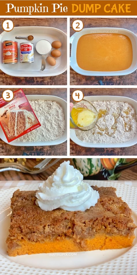 Cake Recipes Fall, Pumpkin Pie Dump Cake, Easy Dump Cake Recipes, Dump Cake Pumpkin, Fall Desserts Easy, Dump Cakes, Spice Cake Mix, Pumpkin Recipes Dessert, Recipes Fall