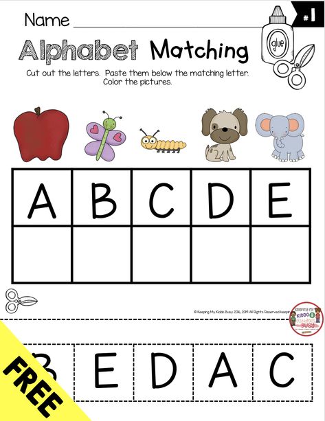 FREE Alphabet Matching - cut and paste uppercase and lowercase letters - back to school in kindergarten -first day of school - abc matching letters - freebie printable worksheet and literacy center #kindergarten #backtoschool #alphabet Alphabet Letter Matching Free Printable, Matching Letters Free Printable, Letter Matching Printable Free, Abc Matching Free Printables, Matching Letters Worksheets, Letter Matching Worksheets For Preschool, Abc Intervention, Alphabet Matching Printables Free, Preschool Letter Review