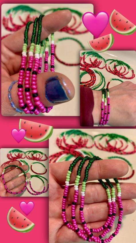 Made these #Hot#Pink #Watermelon #Bracelet using size 8/0 #Beads in #Electric Pink, Opaque #Black, #White Luster, Opaque #Green & Opaque Light Green #wristcandy #diyjewelry #handmadejewelry #diy #seedbeadtutorialdiy #seedbeadpattern #diyjewelry #handmadewithlove  🍉💞 Bead Watermelon, Watermelon Bracelet, Pink Watermelon, Seed Bead Pattern, Wrist Candy, Beaded Crafts, Bracelet Making, Beaded Bracelet, Light Green