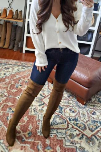 Midsize Thigh High Boots, Long Tan Boots Outfit Winter, Tan Over The Knee Boot Outfit, Knee High Brown Boots Outfit, Brown Thigh High Boots Outfit, Thigh High Boots And Jeans, Knee Length Boots Outfit, Tall Brown Boots Outfit, Boots Ideas