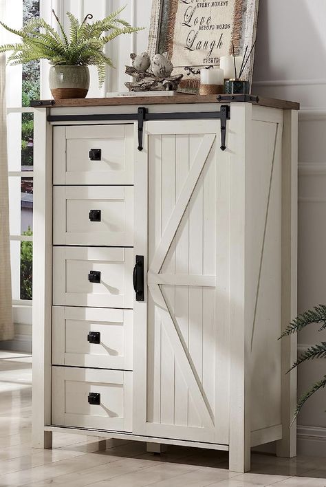 Modern Tall Dresser, Farmhouse Chest Of Drawers, Entryway Dresser, Barn Door Farmhouse, Farm Door, Tallboy Dresser, Door Farmhouse, Dresser For Bedroom, 5 Drawer Dresser