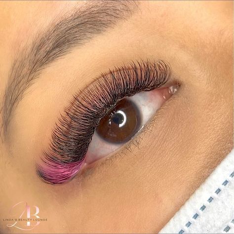 Lash Extensions With Pink In Them, Lashes Extensions With Pink, Hybrid Lash Extensions With Pink, Lashes With Pink Ends, Pink Eyelashes Extensions, Lash Set With Color, Pink Lashes Extensions, Lashes Extensions Color, Lashes With Pink In Them