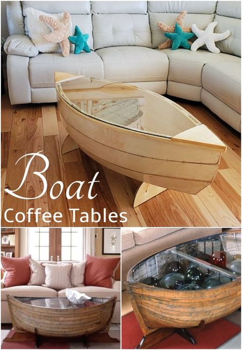 Boat Coffee Table Ideas Canoe Coffee Table, Boat Coffee Table, Nautical Coffee Table, Homemade Boat, Nautical Interior Design, Wine Tables, Boat Furniture, Coastal Diy, Cottage Remodel