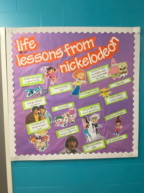 A square bulletin board bordered with white borders with a purple background. The title on the board created with white letters reads “life lessons from nickelodeon”. Inspirational quotes are among the old school Nickelodeon characters that decorate the board (Dora, SpongeBob and Patrick, the Zoey 101 logo, Ginger Foutley, The Amanda show logo, Kenan & Kel, The fairly odd parents, Paulina and Danny Phantom, jimmy neutron, the cast of Rugrats, and coconut head from Ned’s declassified.) Nickelodeon Classroom Theme, Nickelodeon Bulletin Board, Ra Decorations Hallways, Ra Decorations, Res Life Bulletin Boards, Workshop Activities, Resident Assistant Bulletin Boards, High School Bulletin Boards, College Bulletin Boards