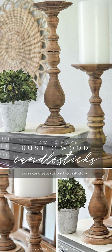 Learn to make these easy DIY rustic wood candlesticks using a thrift store find. #fixerupper #DIY #howtomake #thriftstore  |  www.andersonandgrant.com Candlestick Makeover, Wood Candlesticks, Wooden Candlesticks, Diy Candle Sticks, Repurpose Furniture, Wedding Centrepieces, Wood Projects For Beginners, Carpentry Projects, Diy Tray