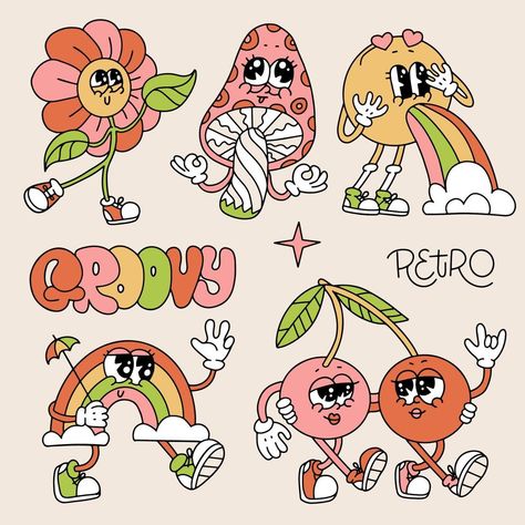 Cute Retro Illustration, 60s Cartoons Style, Gen Z Doodles, Flower Mushroom Drawing, Funky Sticker Ideas, Retro Mushroom Illustration, Vintage Cartoon Drawings, Flower Cute Illustration, Mushroom Cartoon Character