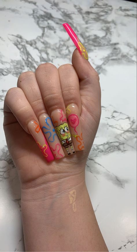 Practice Nails Ideas, Themed Nail Art Designs, Nail Art Themes Ideas, Drawing Nails Ideas, Theme Nails Designs, Nail Themes Ideas, Cartoon Acrylic Nail Designs, Nail Designs Xl, Plankton Nails