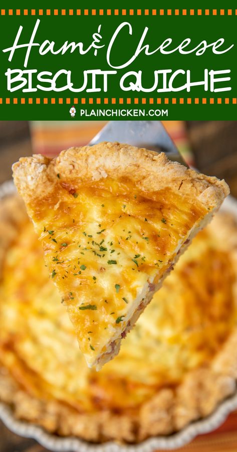 Ham and Cheese Biscuit Quiche - our FAVORITE quiche! The crust is made out of homemade biscuit dough. It is like a big open faced ham, egg and cheese biscuit. SO good!!! Self-Rising flour, butter, buttermilk, ham, cheese, eggs, half-and-half and sour cream. Great for breakfast, lunch or dinner. Everyone LOVES this yummy casserole!!! #quiche #breakfast #biscuit #ham Ham Quiche Recipes Cheese, Ham And Cheese Quiche Recipes Easy, Ham And Cheddar Quiche, Ham And Swiss Cheese Quiche, Bisquick Ham And Cheese Quiche, Plain Chicken Recipe, Ham And Cheese Quiche, Cheese Quiche, Cheese Biscuits