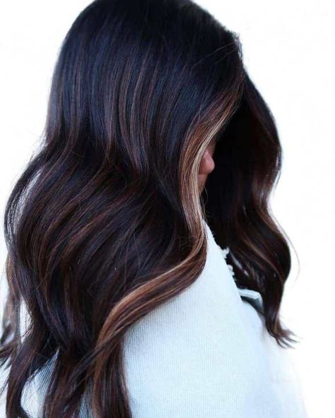 Dark Hair Light Brown Highlights Low Lights For Black Hair Short, Dark Hair Color Ideas For Spring, Lala Hair, Dark Black Hair, Long Hair Highlights, Bombshell Hair, Plum Hair, Black Hair Balayage, Dark Brunette Hair