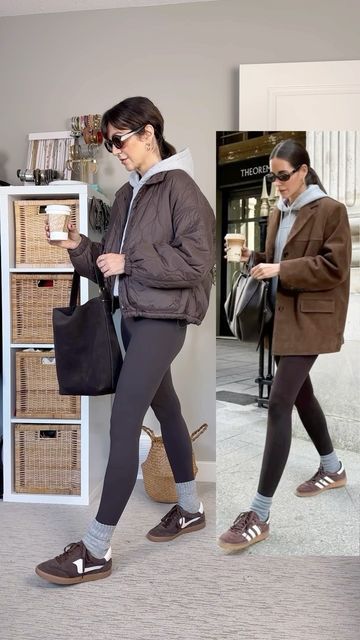 Christin Bryant | over 40 style | 🇨🇦 on Instagram: "Pinterest inspired brown suede outfit 🤎 I didn’t have this falls “it” item, a brown suede jacket, but made it similar with a brown suede bag and suede sneakers and by swapping out the laces! Comment “link” for a dm with links & size info.  - leggings, hoodie, sunnies, socks: @amazon - sneakers @dolcevita @anthropologie  - bag: @madewell - jacket: @oldnavy (old)  Inspo pic: @lglora via Pinterest  Other ways to shop: - find me (cbstyled) in the LTK app - link in bio > LTK outfit links - see my "Nov links" highlight - Amazon items are also available in the relevant category on my US and Canadian Amazon pages (link is in my bio)  #pinterestoutfit #pinterestinspired #suedejacket  Pinterest fall outfit, Pinterest leggings outfit, brown suede Tan Knit Pants Outfit, Brown Padded Jacket Outfit, How To Style Brown Leggings, Brown Leggings Outfit Winter, Padded Jacket Outfit, Amazon Sneakers, Brown Leggings Outfit, Anthropologie Bag, Knit Pants Outfit