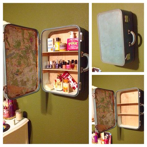 Made this from an antiquing find! Unique shelving made from a retro suitcase. Lined the door with map, ya know to continue the whole travel theme...   But I love it so much an it was relatively easy to make! Travel Bathroom Theme, Suitcase Shelf, Suitcase Shelves, Custom Bookshelf, Unique Shelving, Retro Suitcase, Suitcase Decor, Diy Suitcase, Travel Bathroom