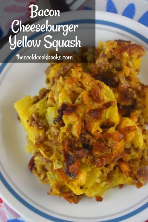 Bacon Cheeseburger Squash Casserole Recipe - These Old Cookbooks Squash And Hamburger Casserole, Squash Hamburger Casserole, Squash Casserole With Hamburger Meat, Squash And Beef Recipes, Hamburger And Squash Recipes, Crookneck Squash Recipes, Cheeseburger Quiche, Easy Squash Recipes, Summer Squash Casserole