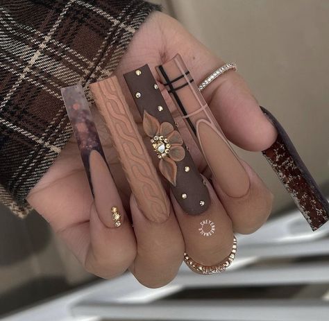 November Nails Fall Acrylic Long, Long Nails Flower Design, Scorpio Nails Acrylic Long, Fall Nail Designs Short Almond Shape, Neutral Medium Nails, November Nails Plaid, Fall Nails Orange And Brown, Long Coffin Fall Nail Designs, Champagne Rhinestone Nails