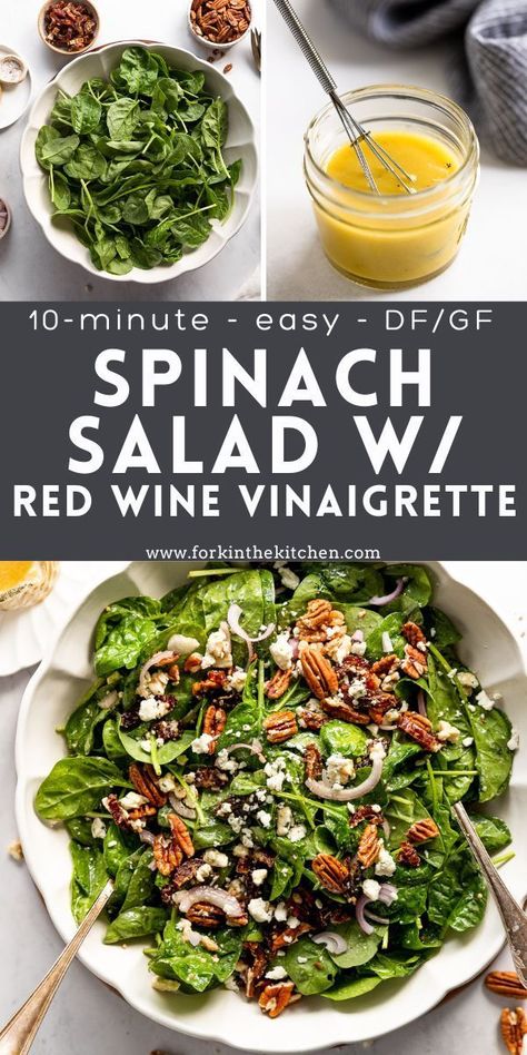 Spinach Salad with Tangy Red Wine Vinaigrette is loaded with texture and tang! Raw baby spinach paired with pecans, blue cheese, shallots, and sweet dates, then tossed with a tangy, red wine vinegar, and mustard dressing. It’s ready in just 10 minutes – serve it as a side, lunch, or light dinner. Recipe With Red Wine, Arugula Salad Dressing, Pasta Simple, Red Wine Recipe, The Perfect Salad, Arugula Salad Recipes, Perfect Salad, Red Wine Vinaigrette, Green Salad Recipes