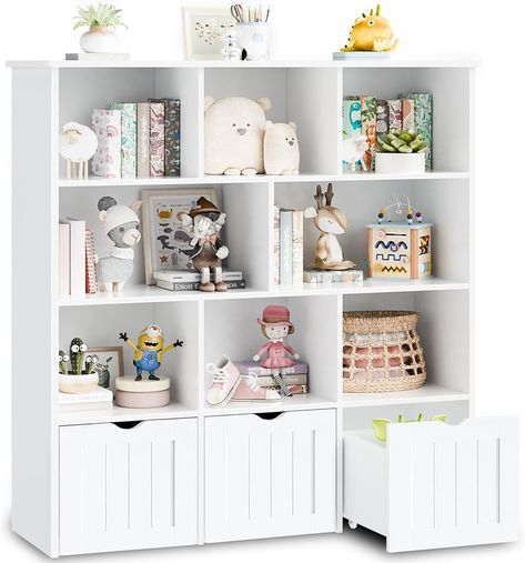 Kids Storage Solution, Toy Room Shelves, Cube Storage Kids Room, Toy Storage Ideas For Small Spaces, Toy Storage For Living Room, Toy Organization Living Room, Bookshelf And Toy Storage, Toddler Bookshelf, Multifunctional Living Room