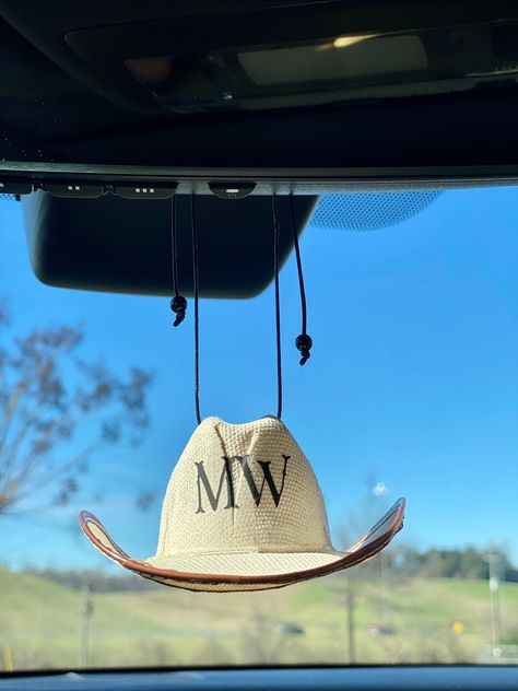 Beige Cowboy Hat, Mini Cowboy Hat, Initials Ornament, Mirror Hanging, Car Hanging, Car Ornaments, Round Ornaments, Sliding Knot, Hanging Mirror