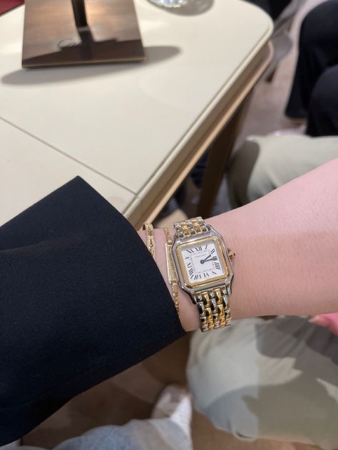 Two Tone Cartier Panthere, Two Tone Cartier Watch, Cartier Panthere Two Tone, Cartier Two Tone Panther, Cartier Two Tone Watch, Two Tone Watches Women Outfit, Cartier Panthere Watch Two Tone, Accessories Old Money, Cartier Panthere Watch