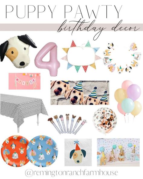 Diy Puppy Party Decorations, Puppy Party Table Decor, Birthday Pawty Dog Theme, Dog Themed Party Food, Puppy Pawty Birthday, Puppy Party Games, Puppy Birthday Party Theme, Kids Birthday Decorations, Puppy Party Decorations