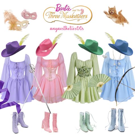 Group Of Four Characters, 3 Musketeers Costume For Women, Barbie 3 Musketeers Costume, Matching Outfits For Friends Group, Brunette Trio Costumes, Barbie 2000s Outfits, Barbie Musketeer Costume, Barbie 12 Dancing Princesses Costume, My Melody Costume Ideas