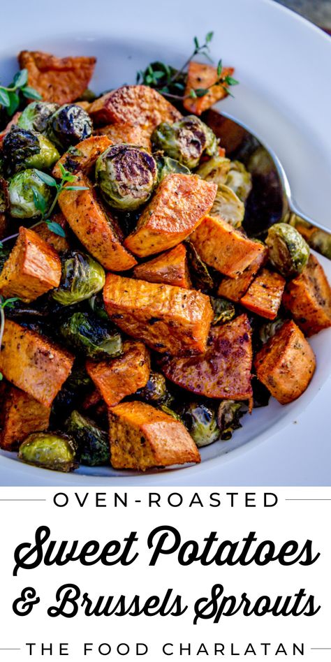 Oven Roasted vegetables (like these roasted Brussels sprouts and sweet potatoes) are superior in almost every way; it’s a fact! I promise this easy recipe will be a new family favorite. You can even make them ahead of time and reheat - perfect for the holidays or family dinner! Roasted Potatoes And Brussel Sprouts In Oven, Oven Roasted Brussel Sprouts And Sweet Potatoe, Sweet Potatoes And Brussel Sprouts Oven, Brussels And Sweet Potatoes, Roasted Brussels Sprouts And Sweet Potatoes, Make Ahead Roasted Vegetables, Roasted Brussel Sprouts And Sweet Potato, Roasted Sweet Potatoes And Brussel, Brussel Sprouts And Sweet Potato Recipe