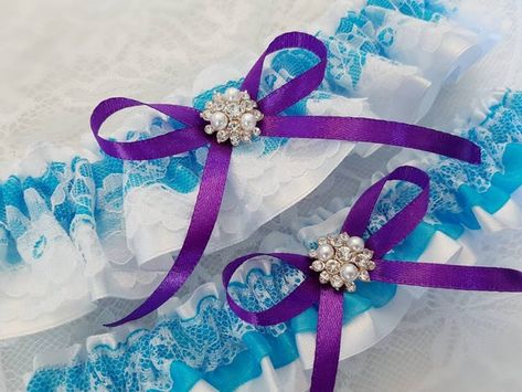 Turquoise Purple Wedding Garter Set, Turquoise Bridal Garter Set, Handmade, Personalized Garter Set, Custom Garter Set with Toss Make your wedding day even more special with this two piece bridal garter set. Using a tape measure, simply measure around your thigh in the spot where you will be Boho Wedding Garter, Purple Turquoise Wedding, Purple Wedding Reception, Garter Set Wedding, Bride Garter, Wedding Garter Blue, Bridal Garter Lace, Bridal Garters Set, Ring Pillow Wedding