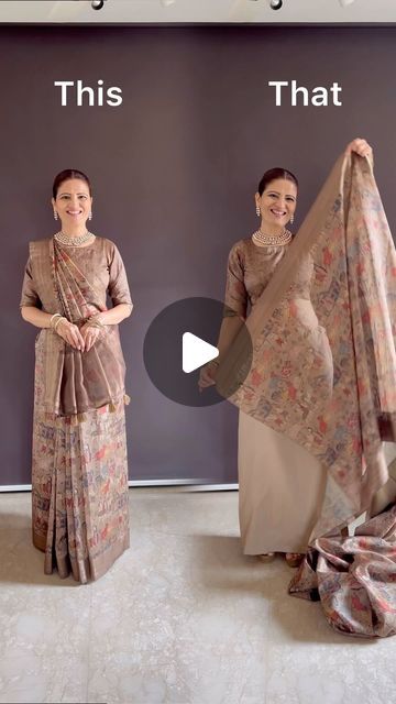 Sophisticated Saree Look, Saree And Jewellery Combination, Indian Wedding Saree Look, Saree With Shawl Style, Sidha Pallu Saree Style, Front Pallu Saree Draping, Anika Ishqbaaz Dresses, How To Wear Saree In Different Style, Saree Dress Gowns Ideas