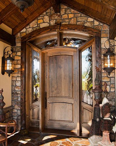 Large Wood Doors Entrance, Fancy Front Doors, Ranch Style Front Door, Cabin Front Door Ideas, Rustic Interior Doors, Custom Front Door, Canada Lake, Door With Sidelights, Rustic Wood Doors