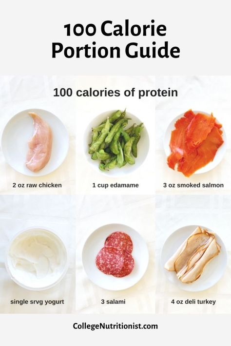 Learn how to eyeball 100 calorie portion sizes of all your favorite foods #collegenutritionist #portioncontrol #weightloss #portions 100 Calorie Fueling Breaks, Portion Size Aesthetic, How To Portion Meals, 100 Calorie Foods, 200 Calorie Lunch, 100 Calorie Lunch, Healthy 100 Calorie Snacks, Colorful Diet, 100 Calorie Breakfast