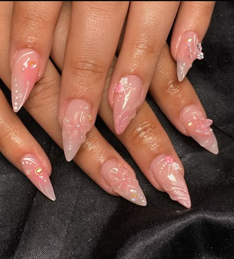 Jelly Nail Inspo Almond, Long Almond Jelly Nails, Jelly Flower Nails, Korean Jelly Nails Acrylic Almond, 3d Jelly Flower Nails, Pink Jelly Nails Acrylic Korean, Everyday Nails, 3d Flower Nails, Nails Wedding