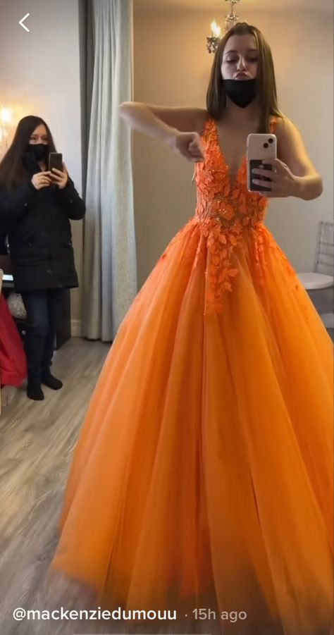 Insane Prom Dresses, Prom Dresses Bright Colors, Orange Grad Dress, Light Orange Prom Dress, Orange Quince Dresses, Bright Prom Dresses, Bright Orange Prom Dress, Neon Orange Prom Dress, Formal Dresses Tulle