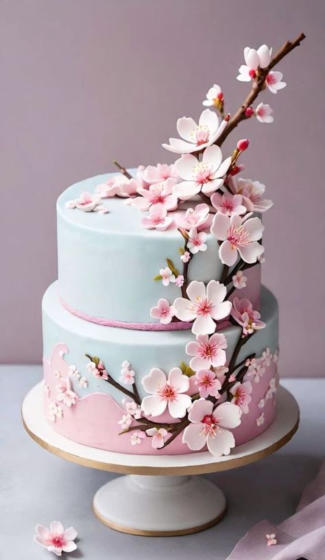 Japanese Wedding Cakes, Cherry Blossom Wedding Decor, Cherry Blossom Wedding Cake, Cherry Blossom Wedding Theme, Cherry Blossom Party, Sakura Wedding, Cherry Blossom Cake, Cherry Blossom Theme, Stitch Cake