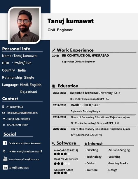 FghTanuj kumawatCivil EngineerPersonal InfoSocialWork Experience2018: RK CONSTRUCTION, HYDRABADEducation2013-2017... Civil Engineering Resume, Civil Engineer Resume, Design Cv Template, Engineering Resume Templates, Best Cv Template, Professional Resume Design, Resume Design Free, Engineering Resume, Best Resume Format