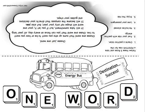 PRINTABLE = The Energy Bus / One Word Project for students Jon Gordon One Word Activities, Energy Bus Activities For Adults, The Energy Bus Activities, Energy Bus Activities, Energy Bus Ideas, One Word Project, Energy Bus, Jon Gordon, Bus School