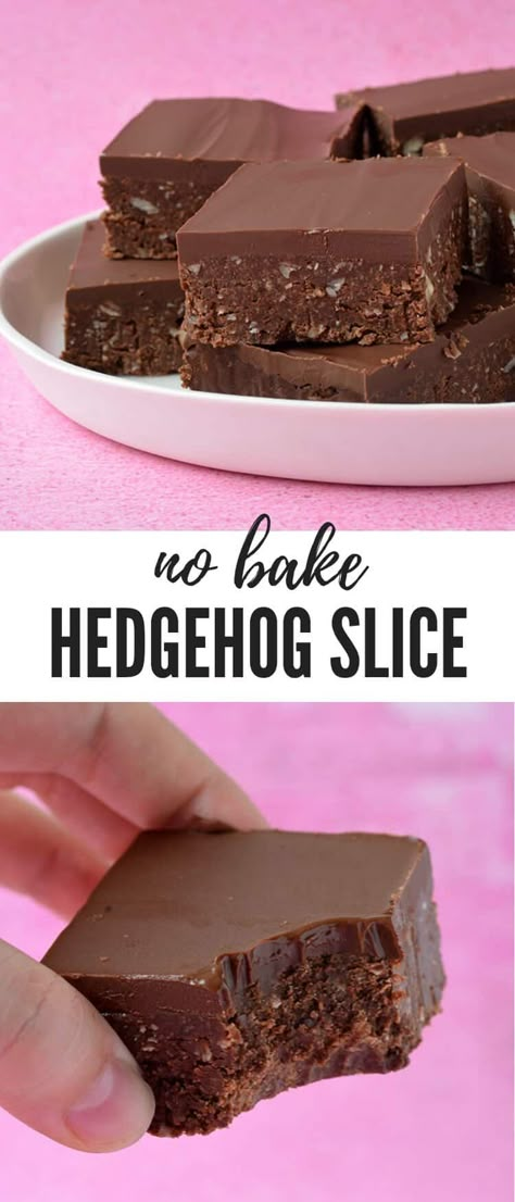 The perfect no bake Hedgehog Slice. Filled to the brim with crushed cookies, coconut, hazelnuts and chocolate, this mouthwatering slice makes for a seriously sweet treat. Recipe from sweetestmenu.com #slice #chocolate #nobake #dessert #nutella Peanut Slice Recipe, Chocolate Hedgehog Slice, No Bake Chocolate Slice Recipe, Hedgehog Slice Recipe, Easy Sweet Treats No Bake, No Bake Traybake Recipes, Slices Recipes Easy, No Bake Slice, Christmas Slice