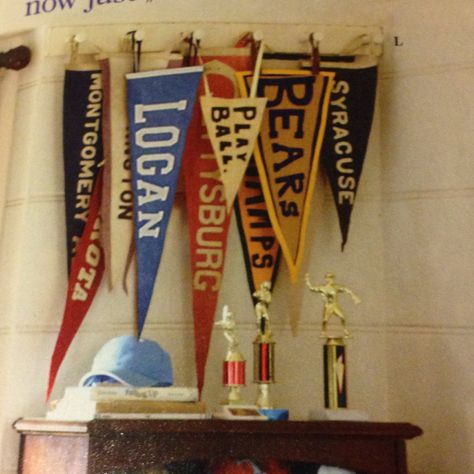 Baseball Game Room Ideas, Pennant Flag Display, Sports Pennant Display Ideas, Vintage Pennants Display, Pennants Display, Bats On Wall Decor, Pennant Display, Camping Room, Sloane Ranger